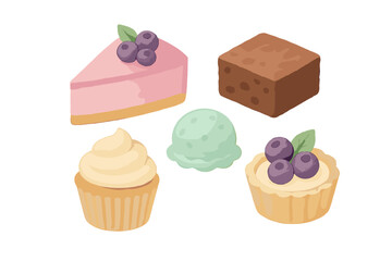 Assortment of delicious sweet desserts including cheesecake, brownie, cupcake, ice cream scoop, and fruit tart with berries