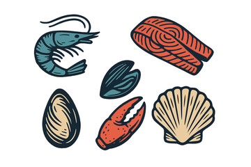 Collection of various fresh seafood items including shrimp, salmon fillet, mussel, oyster, crab claw, and scallop