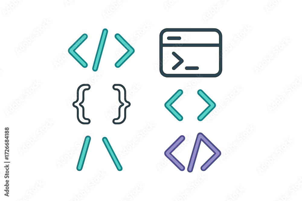 Wall mural programming code symbols and web development icons for software engineering, digital technology conc