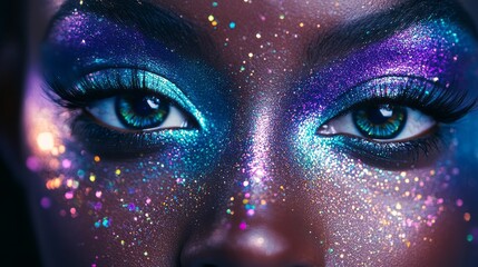 An African American female model showcases vibrant makeup, highlighting creativity and talent in fashion and beauty, embodying dynamic glamour and artistic design that captivates everyone around her