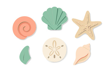 Colorful collection of various seashells, a sand dollar, and starfish in a modern paper cut style with layered shapes