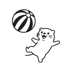  Playful Otter Joyfully Bouncing Big Striped Beach Ball High In Air Line Art Design. 