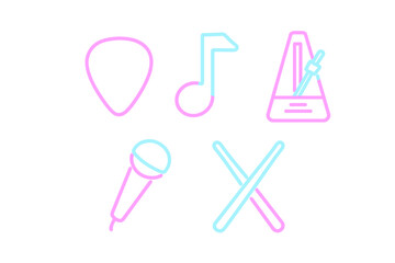 Neon outline music icons set with guitar pick, musical note, metronome, microphone, and drumsticks
