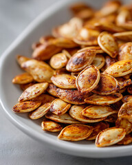 Title: Crunchy Roasted Pumpkin Seeds | Close-up Shot right view, taken by a photographer with a high quality camera, served on a white plate, background of kitchen, very tasty, del