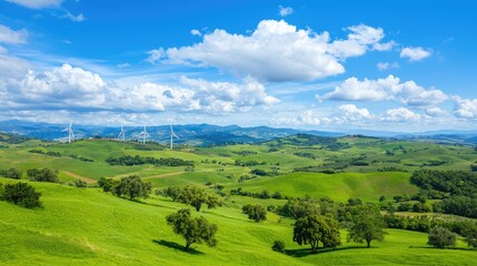 Obraz premium Expansive Green Landscape with Wind Turbines Under Bright Blue Sky