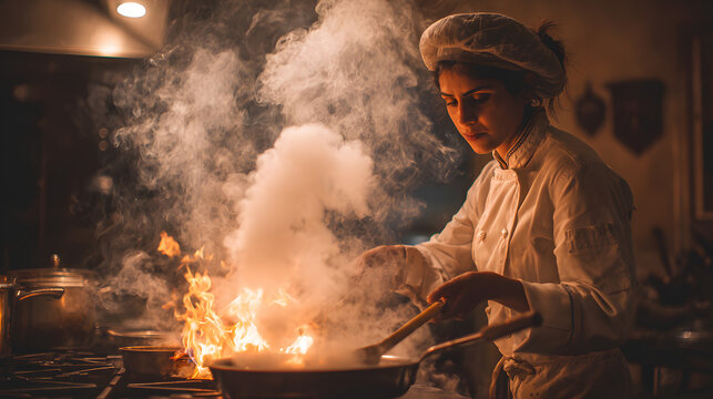 A focused South Asian female chef skillfully flames a dish in a bustling kitchen filled with smoke. - Powered by Adobe