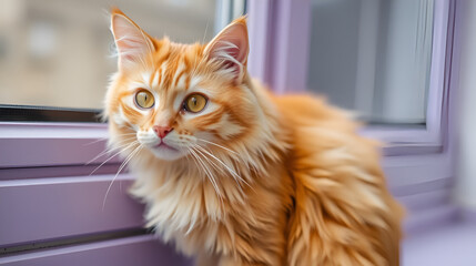 close-up photo of a fluffy orange tabby cat, yellow eyes sitting on a purple windowsill.Animal concept.