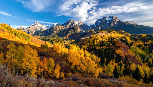 Autumnal mountain vista with vibrant foliage and snow-capped peaks