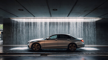 A sleek silver car stands elegantly under a cascading waterfall display in an urban setting.