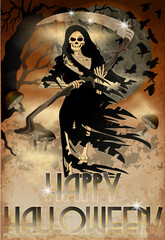 Happy Halloween invitation card,   grim Reaper, vector illustration  