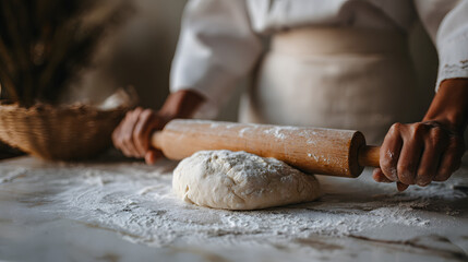 Caucasian female baker rolling dough with a wooden rolling pin in a cozy kitchen.