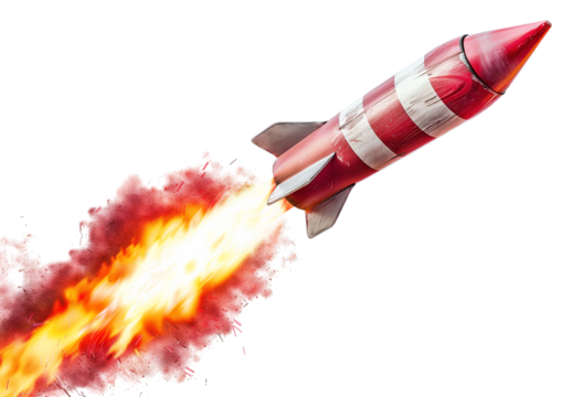 Single rocket firework with striped shell isolated on a transparent background