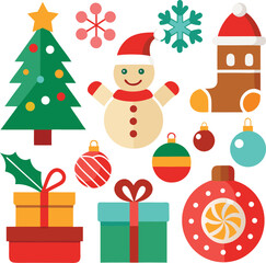 Vector art of collection of flat design christmas icons including a christmas tree, snowman, gingerbread man, snowflakes, ornaments, and gift boxes