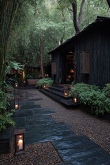 A serene garden path lined with dark slate stones, shaded by tall bamboo trees, leads to a rustic cabin.