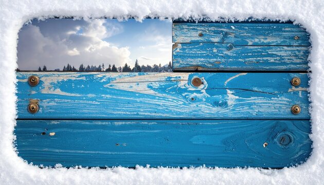 Blue wooden planks, snowy frame, landscape view