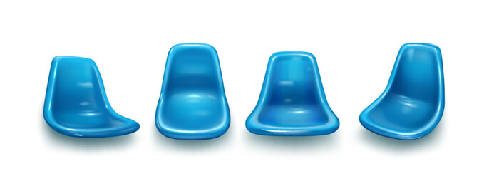 Stadium seat chair set with blue plastic design for sport arena and outdoor event. Four angles showcase modern molded construction with smooth curved surface. Comfortable seating solution for venues. © klyaksun