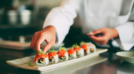A skilled Asian male chef carefully garnishing sushi rolls at a restaurant kitchen.