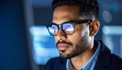 A man wearing glasses concentrating on a monitor in a dark room
