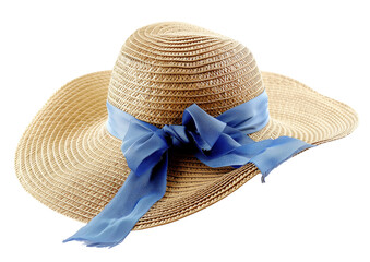 Straw beach hat with blue ribbon isolated on a transparent background