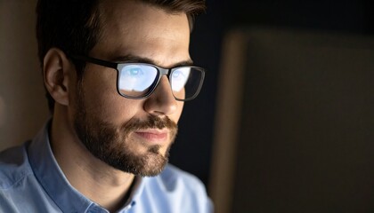 A man wearing glasses concentrating on a monitor in a dark room