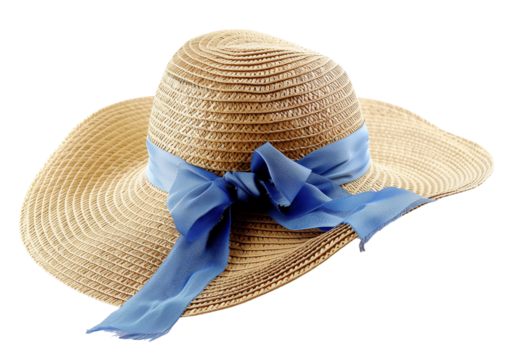 Straw beach hat with blue ribbon isolated on a transparent background - Powered by Adobe