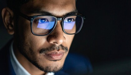 A man wearing glasses concentrating on a monitor in a dark room