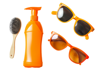 Sunscreen bottle and sunglasses kit isolated on a transparent background