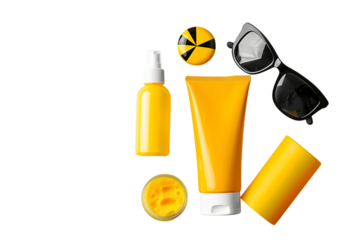 Sunscreen bottle and sunglasses kit isolated on a transparent background