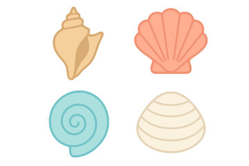 Assortment of stylized marine mollusk shells in various shapes and pastel colors for summer-themed projects