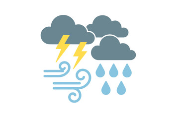 Stylized weather forecast icons with dark clouds, bright lightning, swirling wind, and falling raindrops