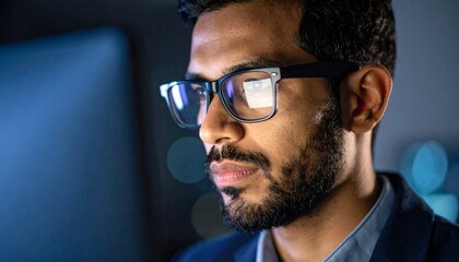 A man wearing glasses concentrating on a monitor in a dark room