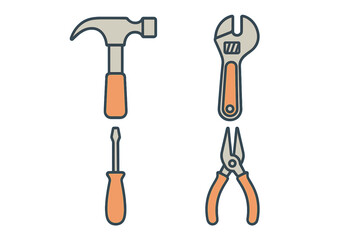 Essential hand tools set including hammer, wrench, screwdriver, and pliers for construction and repair work