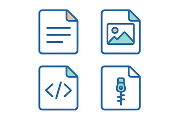 Set of diverse document and file type icons representing various digital data formats and content