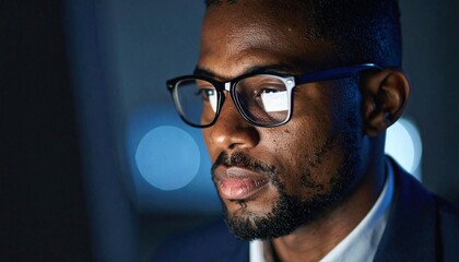 A man wearing glasses concentrating on a monitor in a dark room