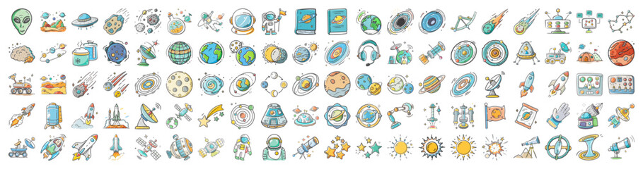 Space exploration doodle icon vector collection - Set of colorful doodle icons representing astronomy, planets, rockets, astronauts, satellites, telescopes, and scientific space exploration themes. © SulaimanIslam