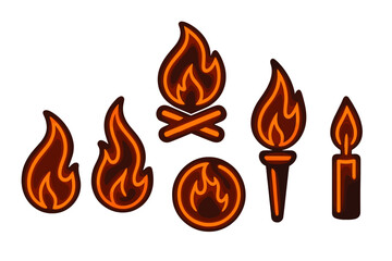 Vibrant glowing fire icons showing different flame types, a campfire, a torch, and a burning candle