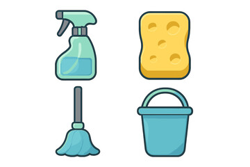 Household cleaning tools and supplies set featuring a spray bottle, sponge, mop, and bucket for domestic tasks