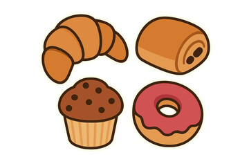 Delicious assortment of freshly baked pastries including a golden croissant, chocolate chip muffin, pink glazed donut, and pain au chocolat