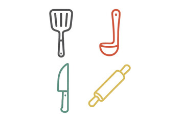 Essential kitchen cooking utensils set including spatula ladle knife and rolling pin for food preparation