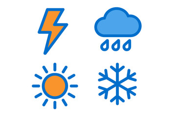 Diverse weather forecast symbols including lightning, rain cloud, sun, and snowflake for atmospheric conditions