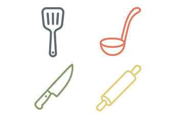 Essential kitchen utensils and cooking tools set featuring a spatula, ladle, knife, and rolling pin for culinary activities