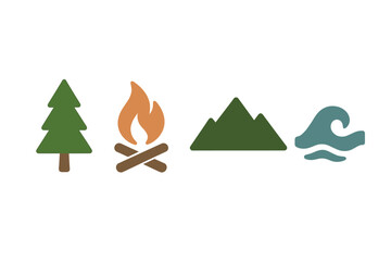Stylized outdoor adventure symbols featuring a pine tree, burning campfire, majestic mountains, and ocean waves © Andrei