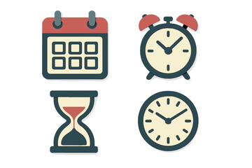 Collection of time and date icons including calendar, alarm clock, wall clock, and hourglass for scheduling and deadlines