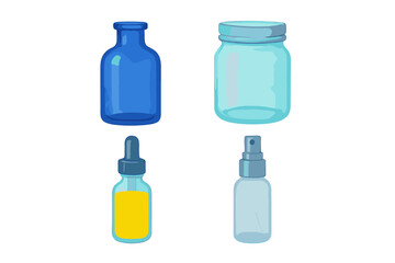 Assortment of various glass bottles and jars for liquids, cosmetics, essential oils, and pharmaceutical products