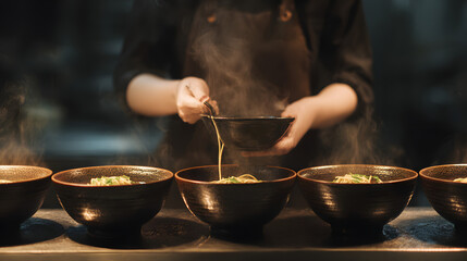 A chef, dressed in black, skillfully serves steaming bowls of noodle soup in a dimly lit kitchen.