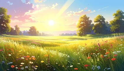 Sunrise meadow, vibrant wildflowers