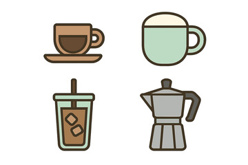 Collection of various coffee drinks and brewing tools, including espresso, iced coffee, and Moka pot for a cafe menu