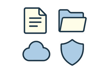 Modern flat design icons for digital files, folders, cloud storage, and security protection in web and app interfaces