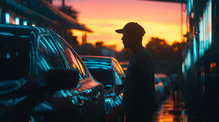 Silhouette of a young Black man against a vibrant sunset, reflecting on wet pavement near parked cars.