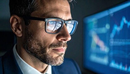 A man wearing glasses concentrating on a monitor in a dark room